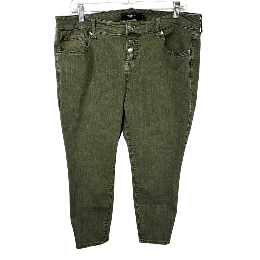 Torrid Plus Size 18 Jeans Ankle Cropped Olive Green‎ Button Fly Skinny Mid 1598